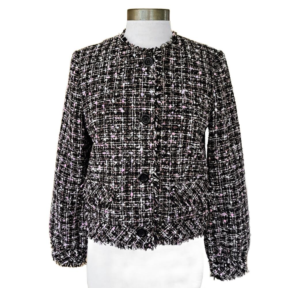 Ann Taylor Fringe Tweed Jacket Blazer Size Small Black Pink Collarless